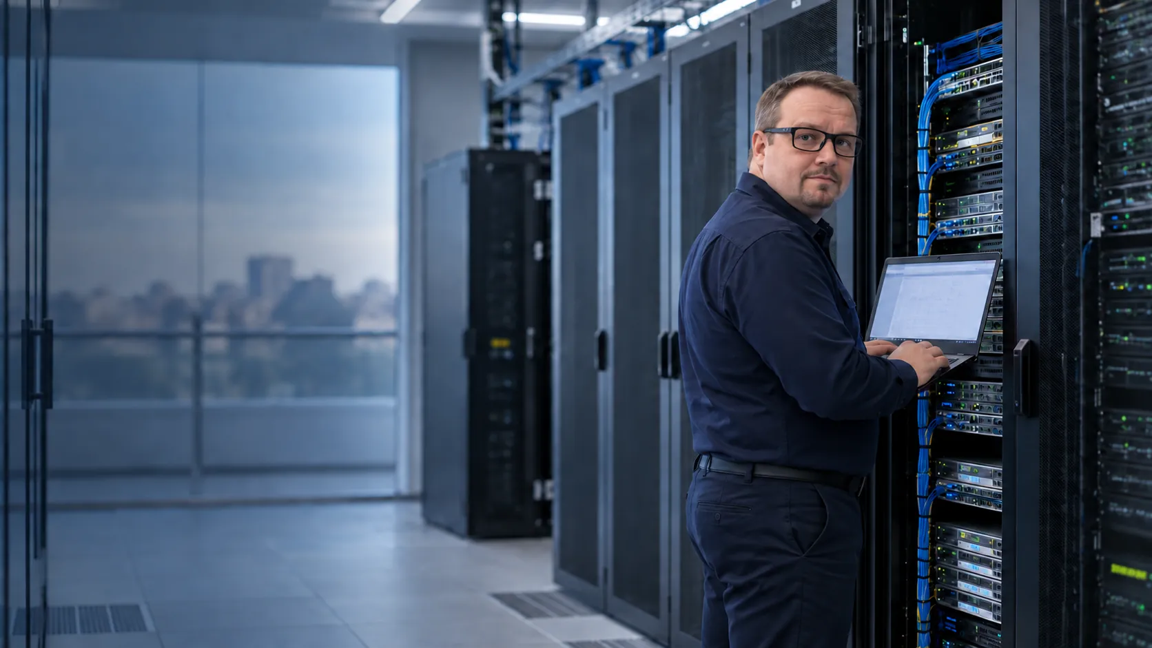 Illustration: Herbert Röblreiter im Serverraum bei der Planung von Systemupdates